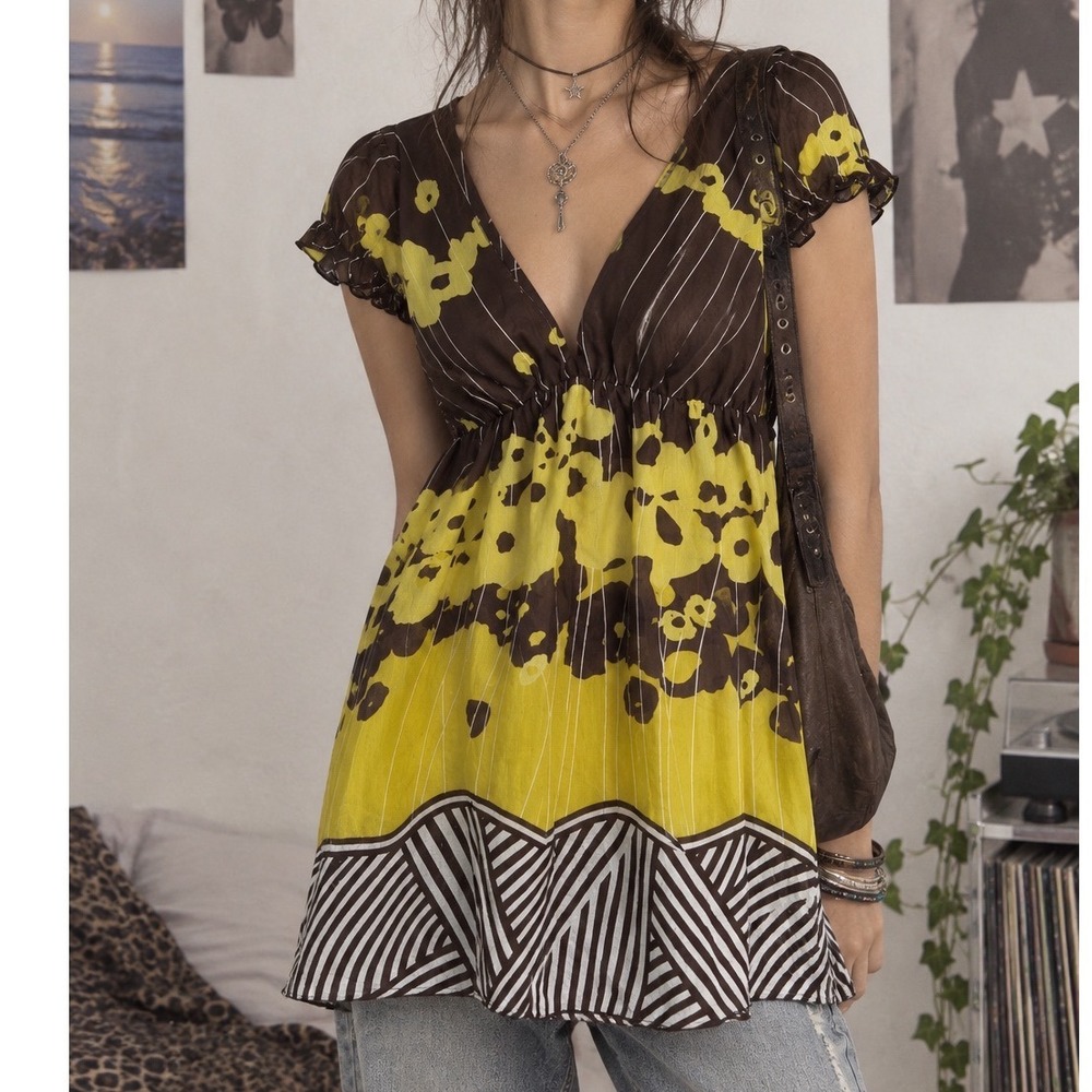 Y2K Carolina Empire Waist Tunic Babydoll Top Womens S Brown Yellow Floral Boho